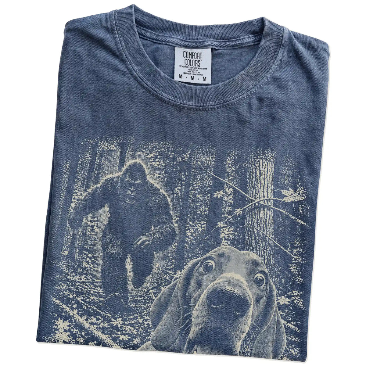 Denim Vizsla Bigfoot selfie T-shirt, close-up view