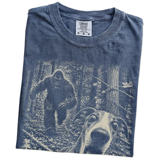 Denim Whippet Bigfoot selfie T-shirt, close-up view