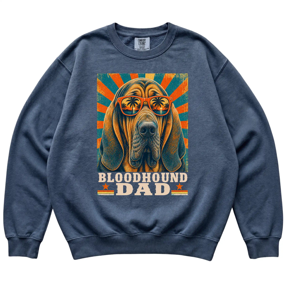 Retro Bloodhound Dad design on a Denim Comfort Colors sweatshirt
