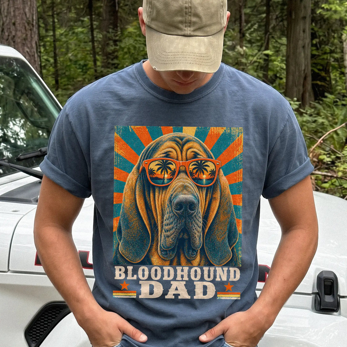 Retro Bloodhound Dad design on a Denim Comfort Colors T-shirt worn by a model