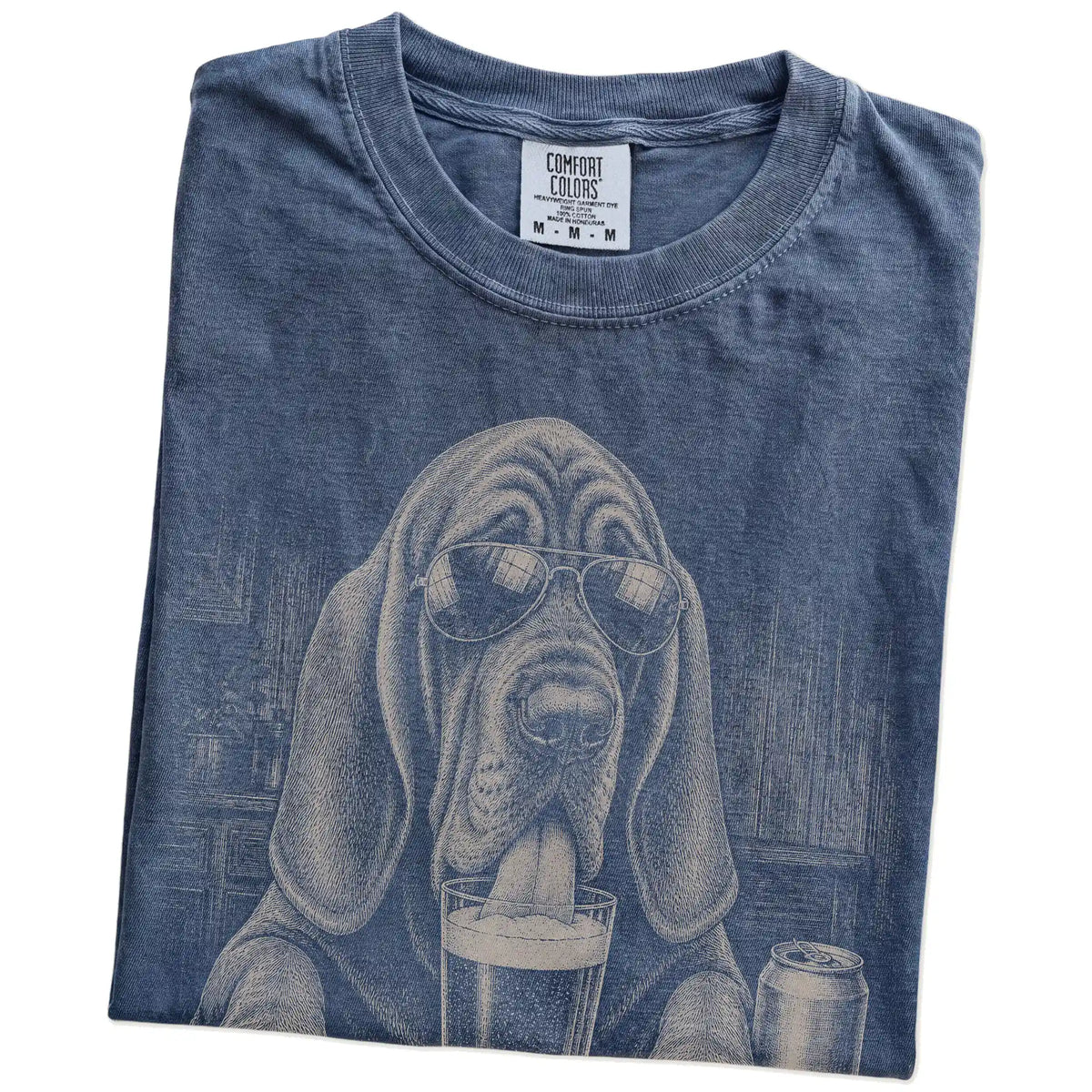Folded Denim Comfort Colors® t-shirt showing Bloodhound sneaking a drink from a pint