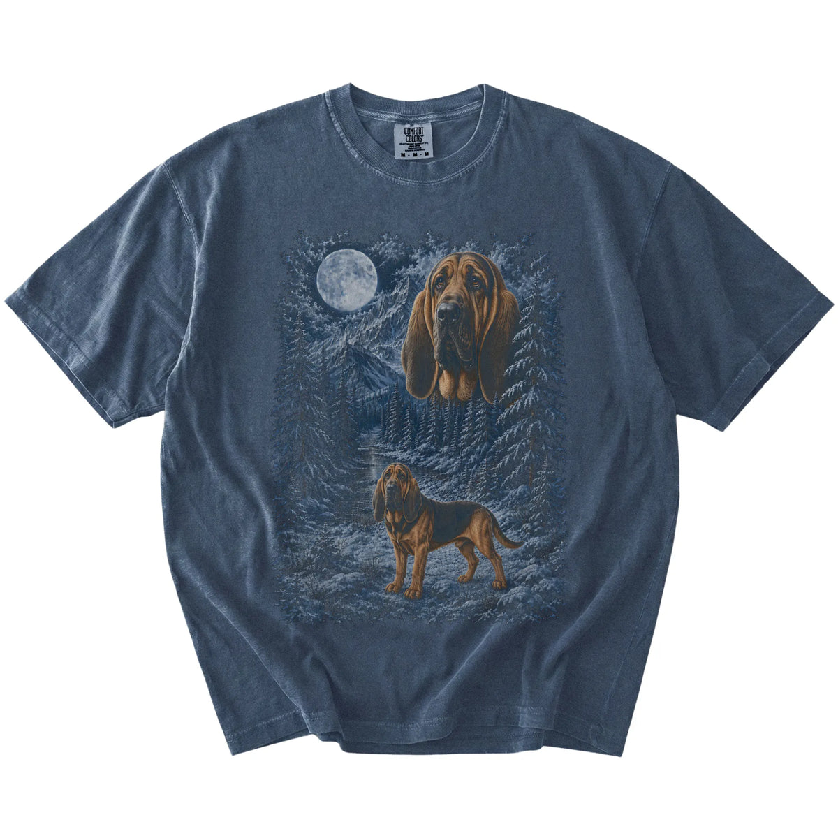 Bloodhound in a snowy winter forest on a Denim t-shirt
