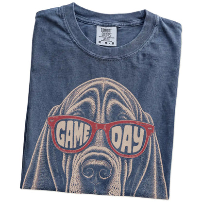 Folded Denim Comfort Colors® T-shirt showing bloodhound wearing red game day sunglasses