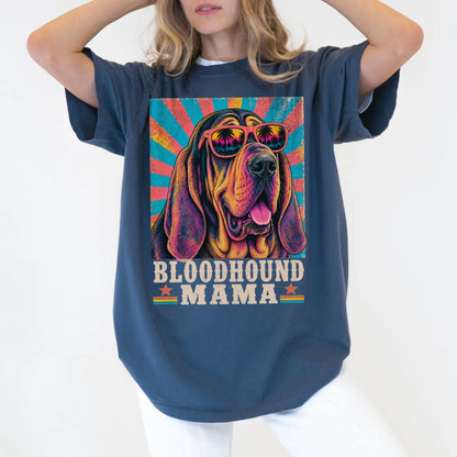 Retro Bloodhound Mama design on a Denim Comfort Colors T-shirt worn by a model