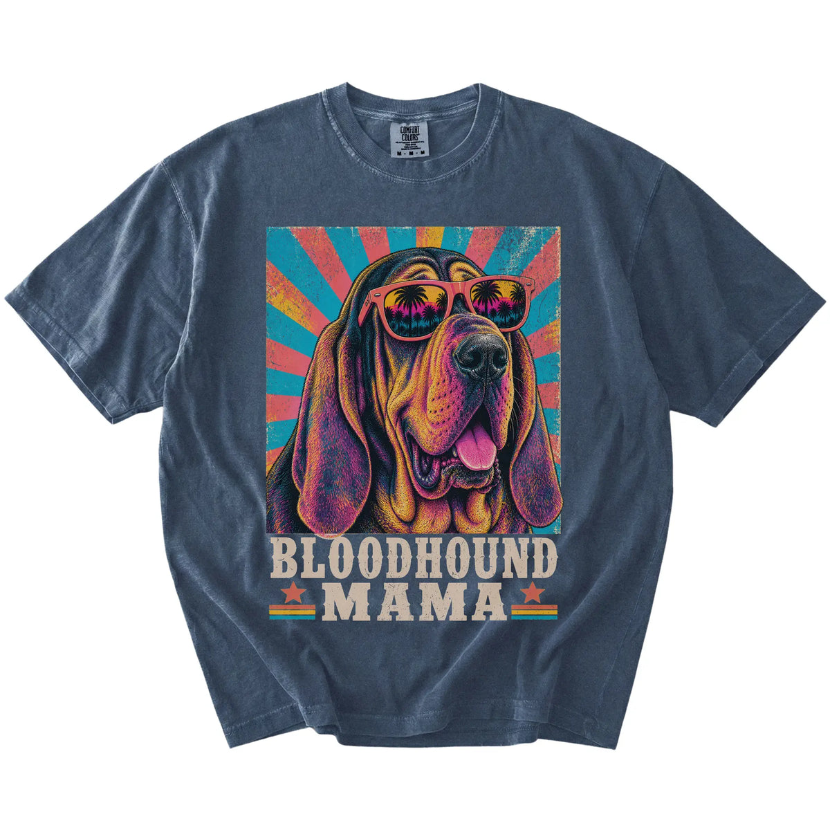 Retro Bloodhound Mama design on a Denim Comfort Colors T-shirt