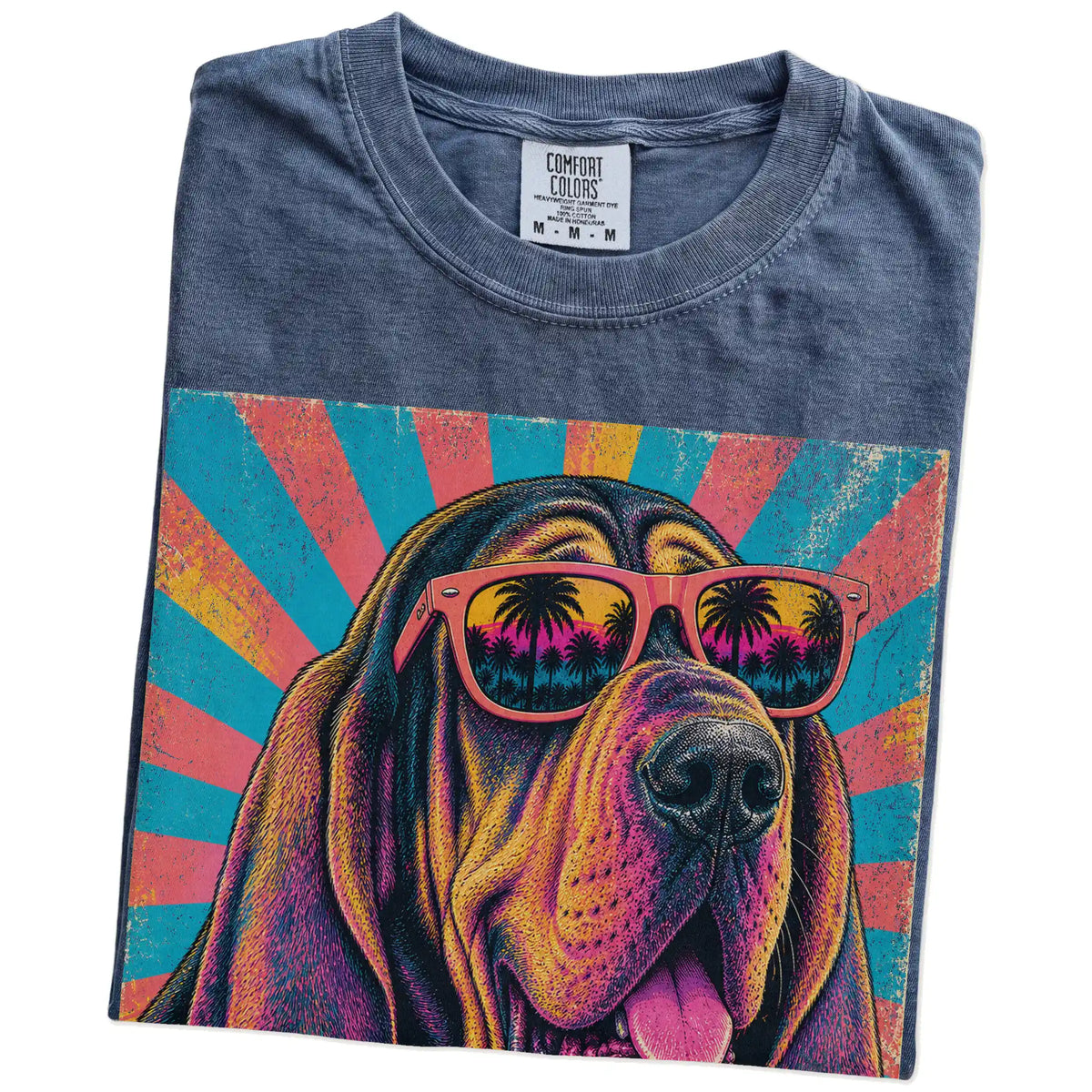 Retro Bloodhound Mama design on a Denim Comfort Colors T-shirt folded detail