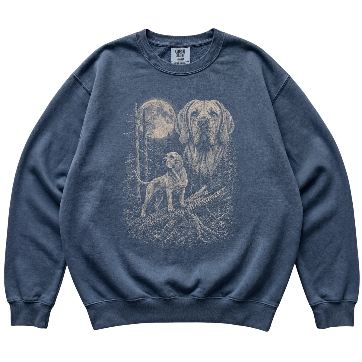 Denim Bloodhound Moonlit Forest Comfort Colors sweatshirt, flat view