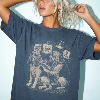 Person wearing a Denim Bloodhound Tattoo t-shirt