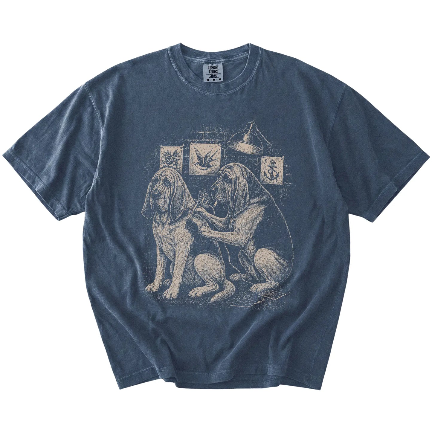 Denim Bloodhound Tattoo t-shirt laid flat