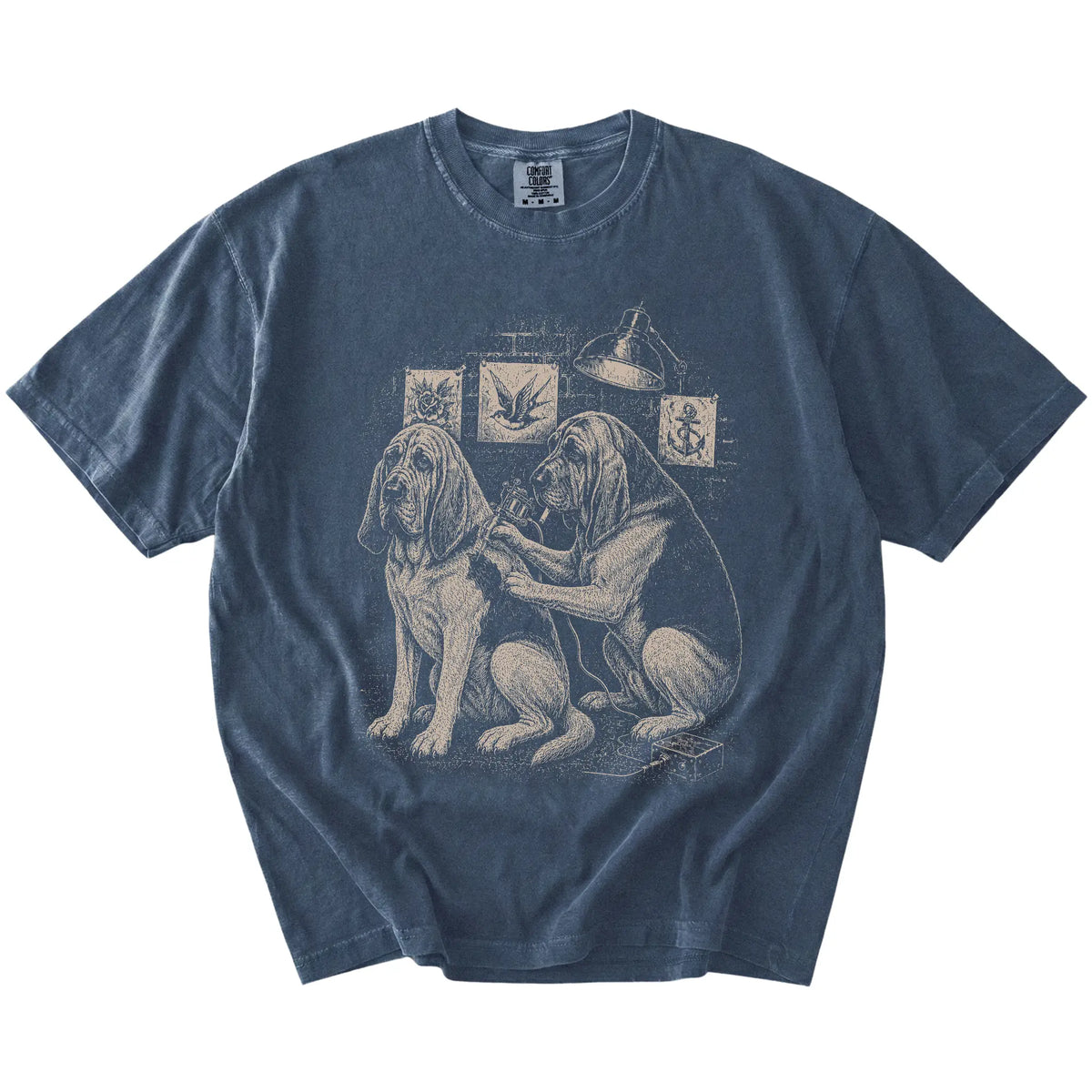Denim Bloodhound Tattoo t-shirt laid flat