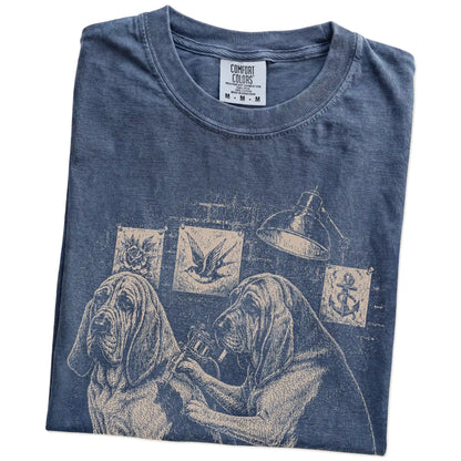 Folded Denim Bloodhound Tattoo t-shirt showing the graphic