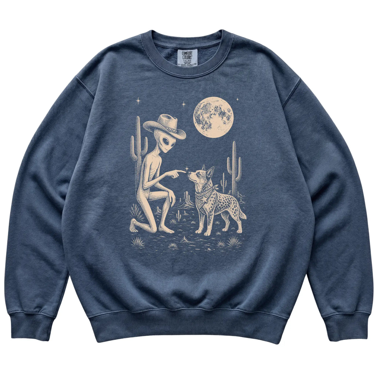 Denim Comfort Colors® sweatshirt featuring Blue Heeler Cowboy and Alien, laid-flat presentation