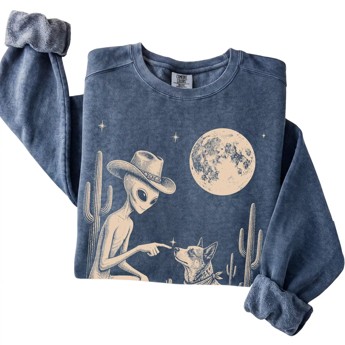 Denim Comfort Colors® sweatshirt featuring Blue Heeler Cowboy and Alien, folded presentation