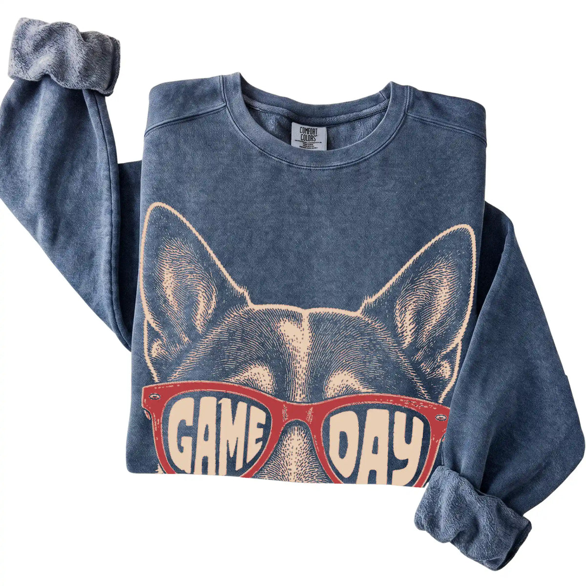 Denim Blue Heeler Game Day Sunglasses sweatshirt, folded