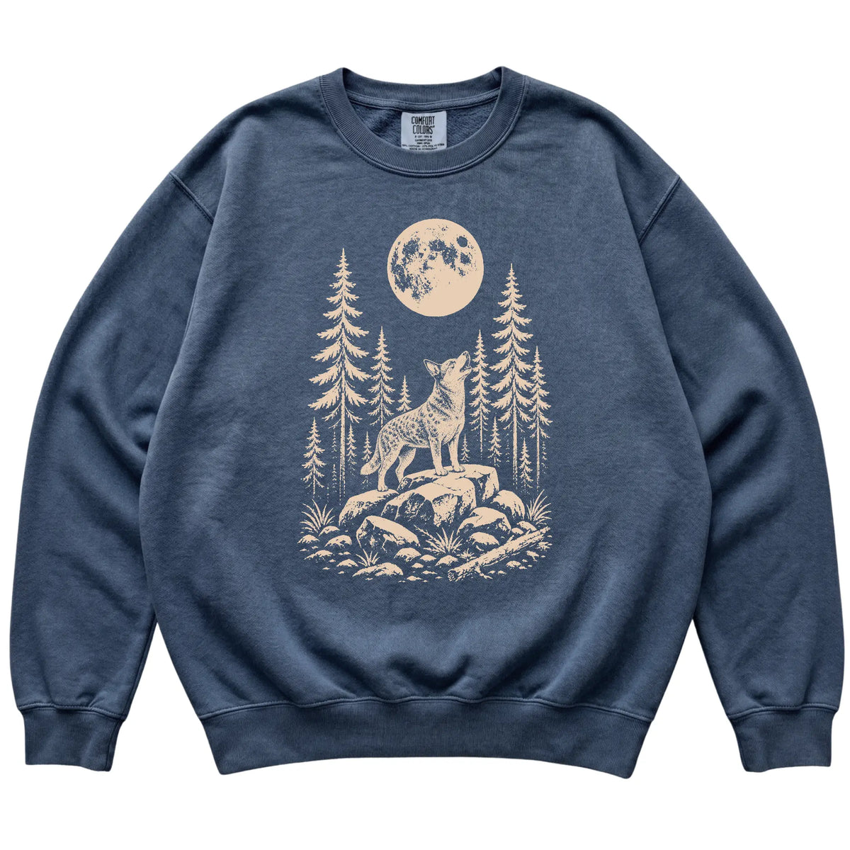 Close view of Blue Heeler Howling at the Moon artwork on Denim Comfort Colors sweatshirt