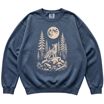 Close view of Blue Heeler Howling at the Moon artwork on Denim Comfort Colors sweatshirt