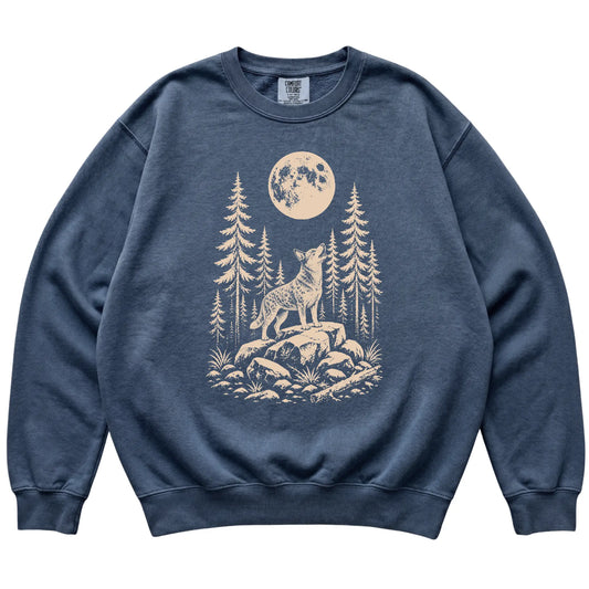 Close view of Blue Heeler Howling at the Moon artwork on Denim Comfort Colors sweatshirt