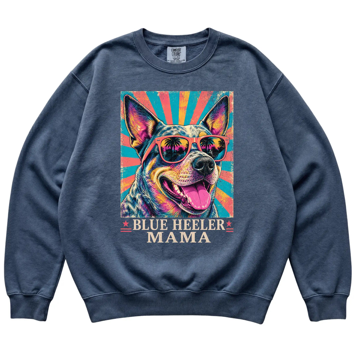 Retro Blue Heeler Mama design on a Denim Comfort Colors sweatshirt