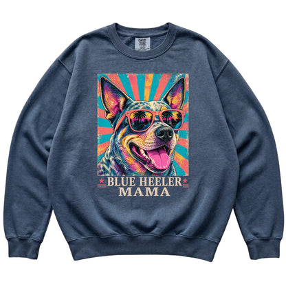 Retro Blue Heeler Mama design on a Denim Comfort Colors sweatshirt