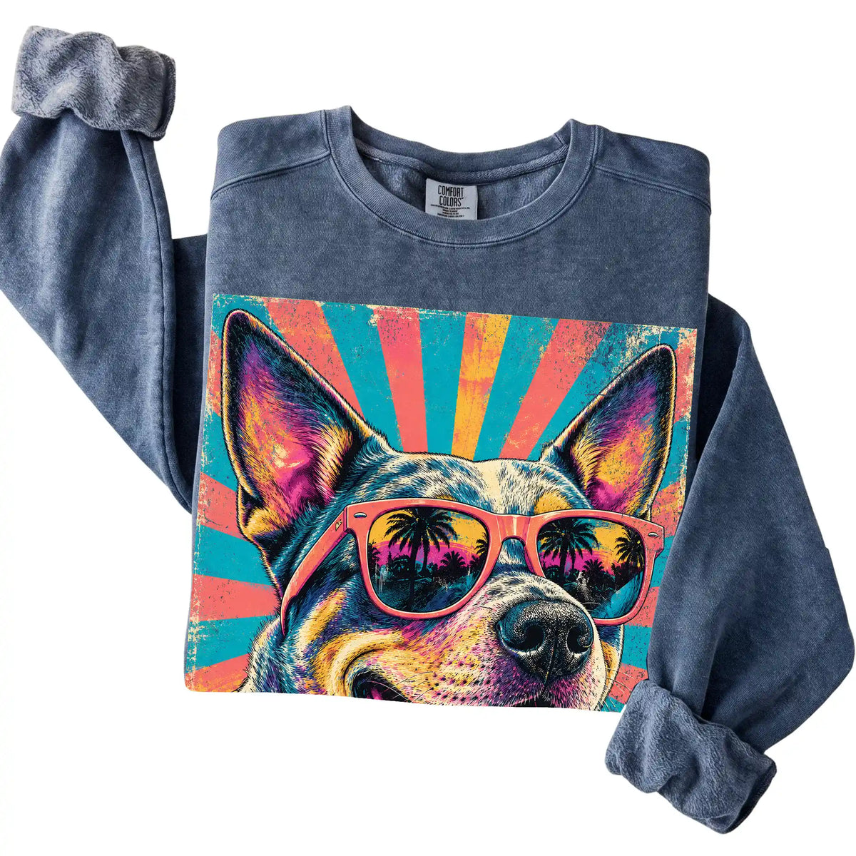 Folded Denim Comfort Colors sweatshirt with a Retro Blue Heeler Mama design