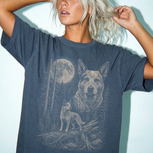 Woman wearing a Denim Blue Heeler Moonlit Forest T-Shirt