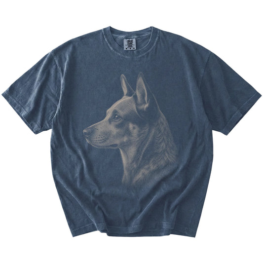 A detailed photographic portrait of a Blue Heeler on a Denim Comfort Colors® T-shirt