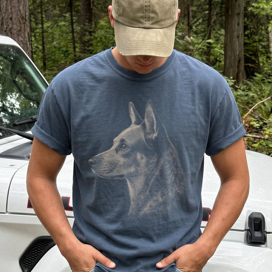 Model wearing a Denim Comfort Colors® T-shirt with a detailed photographic portrait of a Blue Heeler