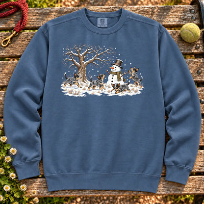 Blue Heeler puppies playing in snow with a snowman on a Denim sweatshirt