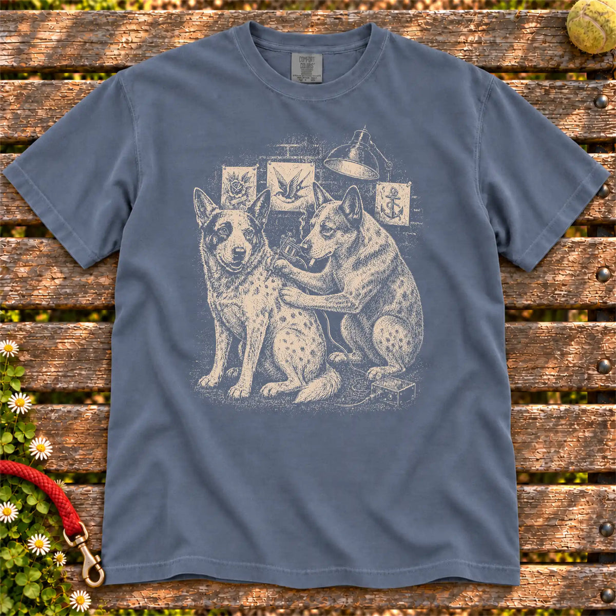Blue Heeler Tattoo design on a Denim Comfort Colors T-shirt, shown flat