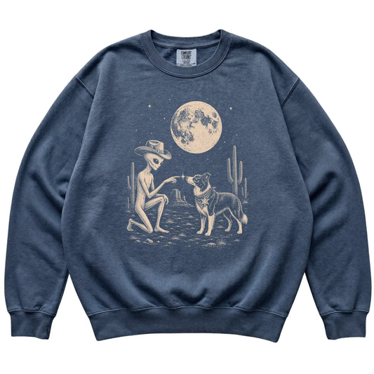 Denim Comfort Colors® sweatshirt featuring Border Collie Cowboy and Alien, laid-flat presentation