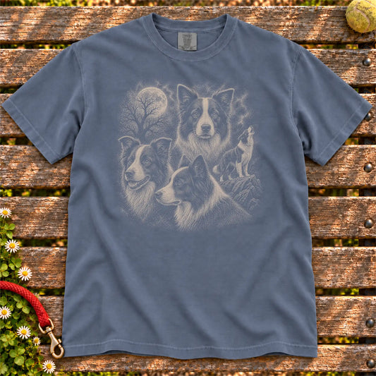 Border Collie 90s Moon design on a Denim T-shirt shown flat