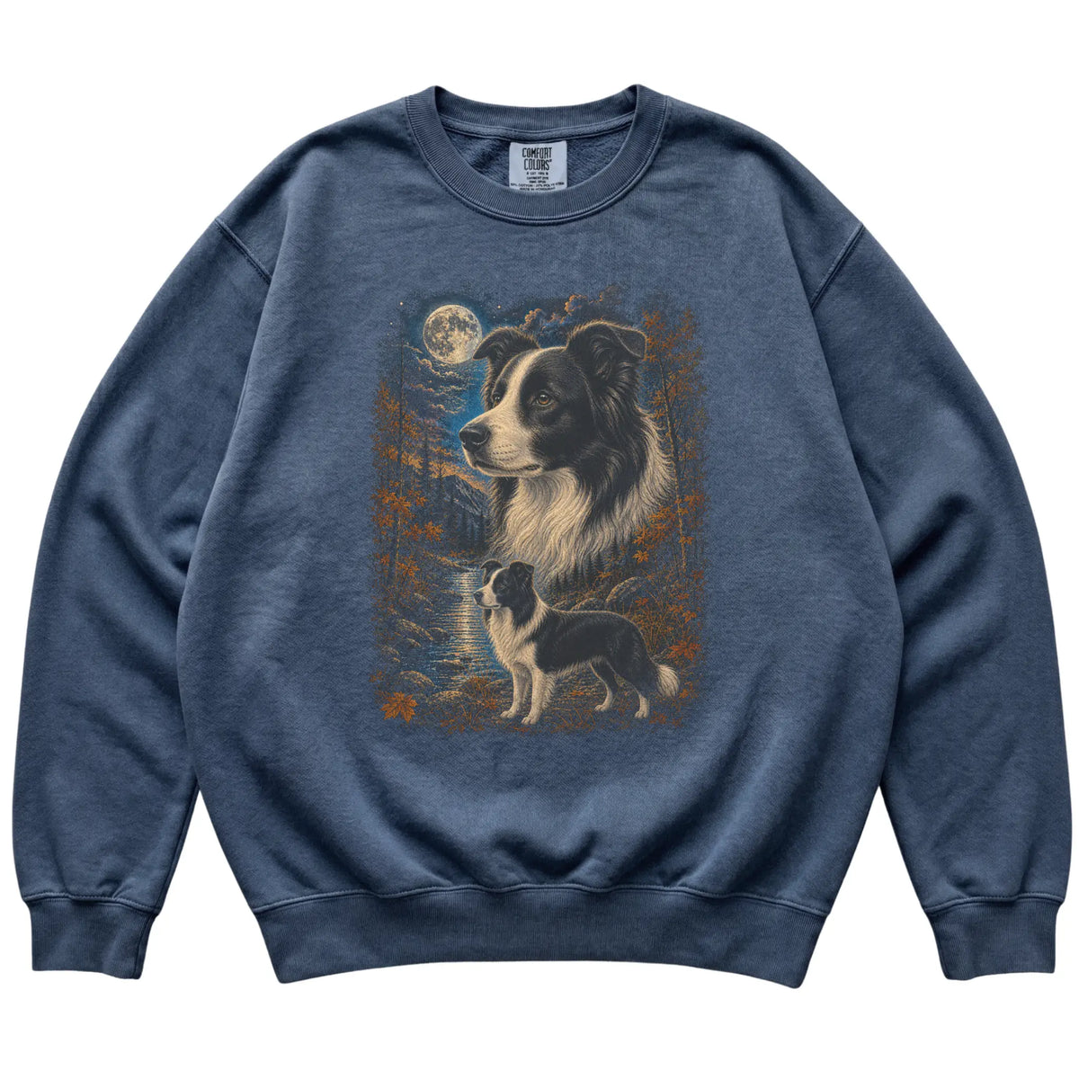 denim sweatshirt with Border Collie Autumn Moon artwork.