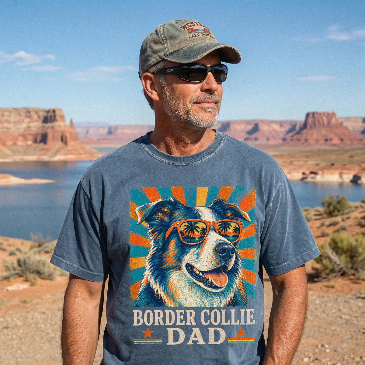 Retro Border Collie Dad design on a Denim Comfort Colors T-shirt worn by a model