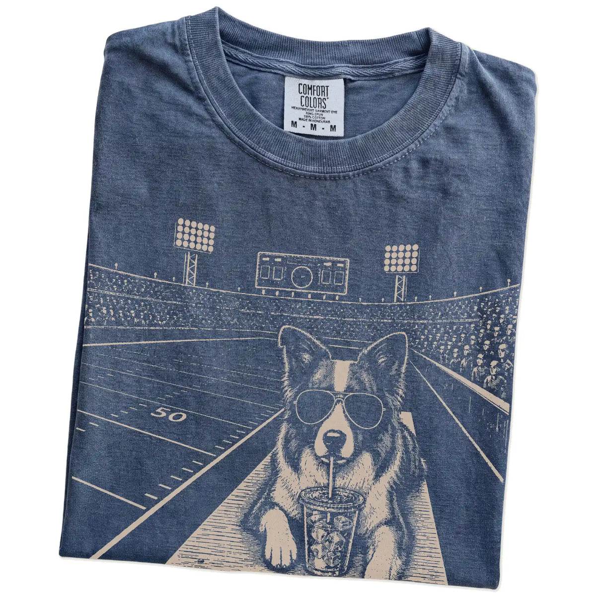 Folded Denim Comfort Colors® T-shirt showing Border Collie ready for football and tailgate season