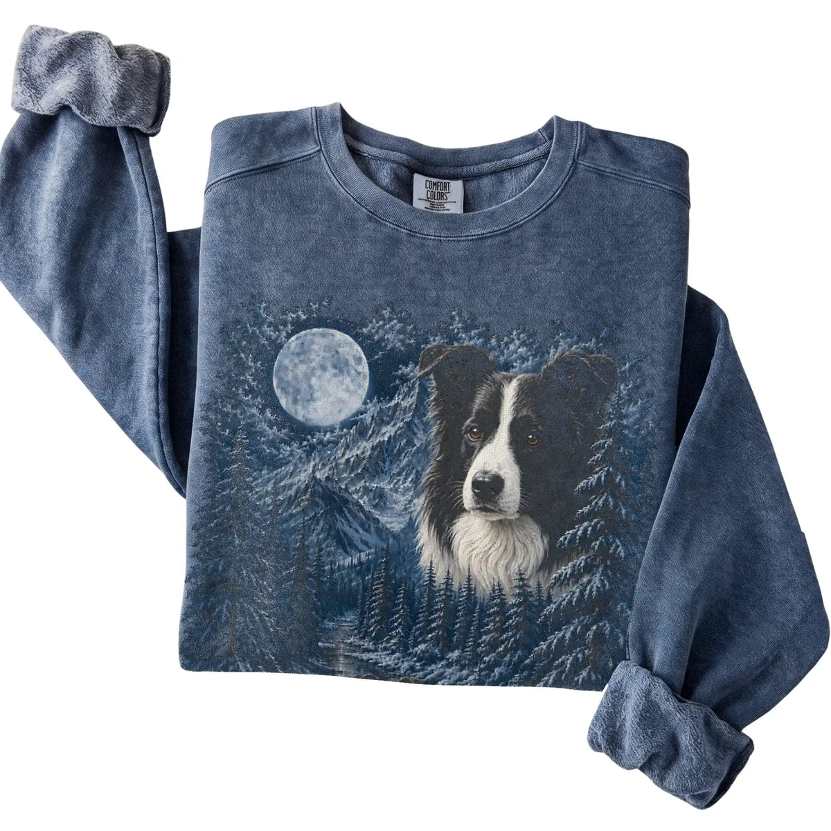 Border Collie Forest Moon Sweatshirt in Denim