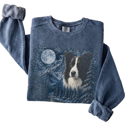 Border Collie Forest Moon Sweatshirt in Denim