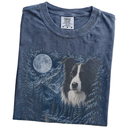 Folded Denim Border Collie winter forest t-shirt
