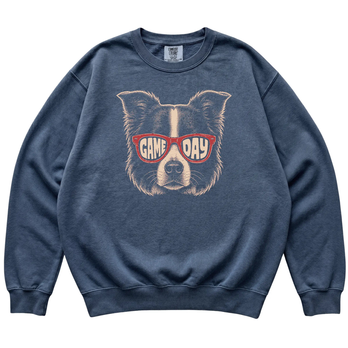 Denim Border Collie Game Day Sunglasses sweatshirt, laid flat
