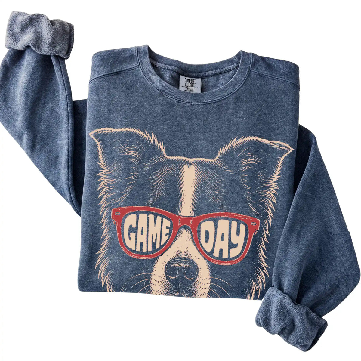 Denim Border Collie Game Day Sunglasses sweatshirt, folded