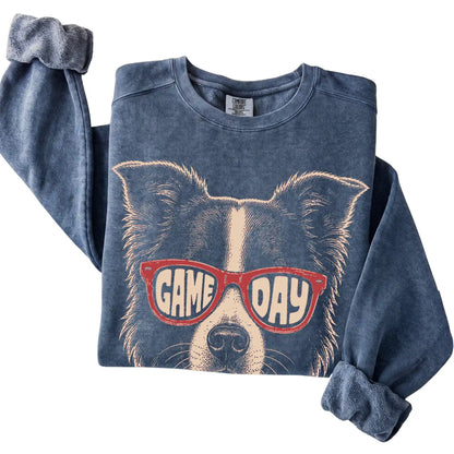 Denim Border Collie Game Day Sunglasses sweatshirt, folded