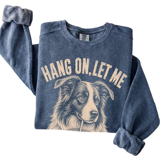 Denim Comfort Colors sweatshirt featuring Border Collie Iced Coffee Overthink, folded presentation