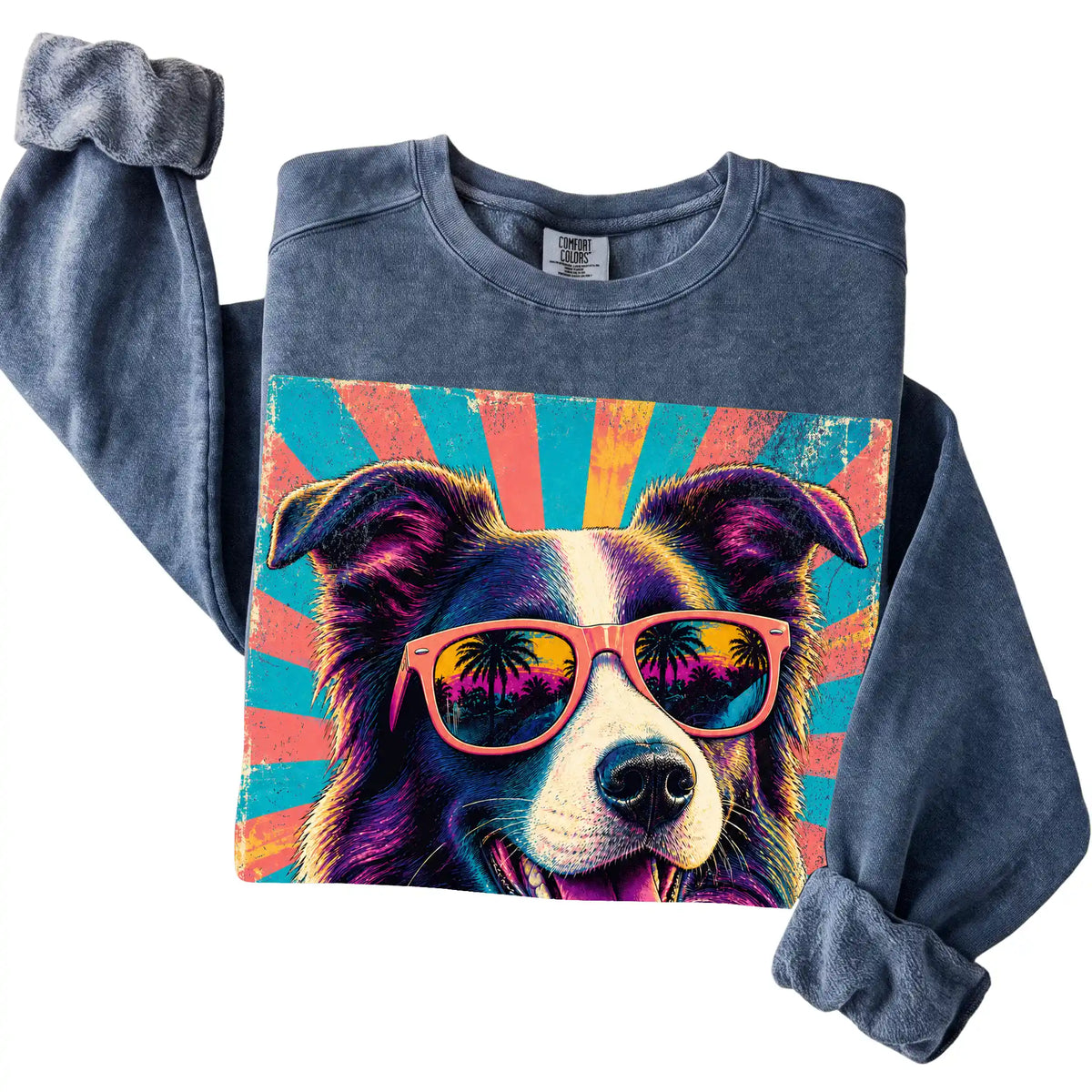 Folded Denim Comfort Colors sweatshirt with a Retro Border Collie Mama design