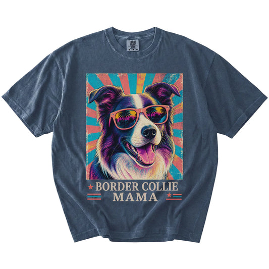 Retro Border Collie Mama design on a Denim Comfort Colors T-shirt