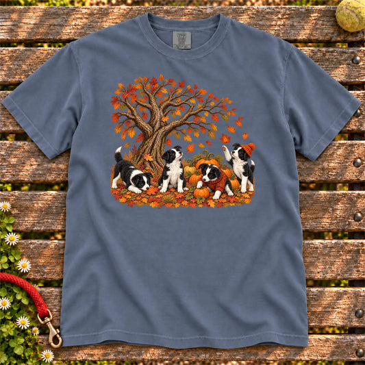 Four Border Collie puppies with pumpkins beneath an autumn tree on a Denim garment-dyed T-shirt