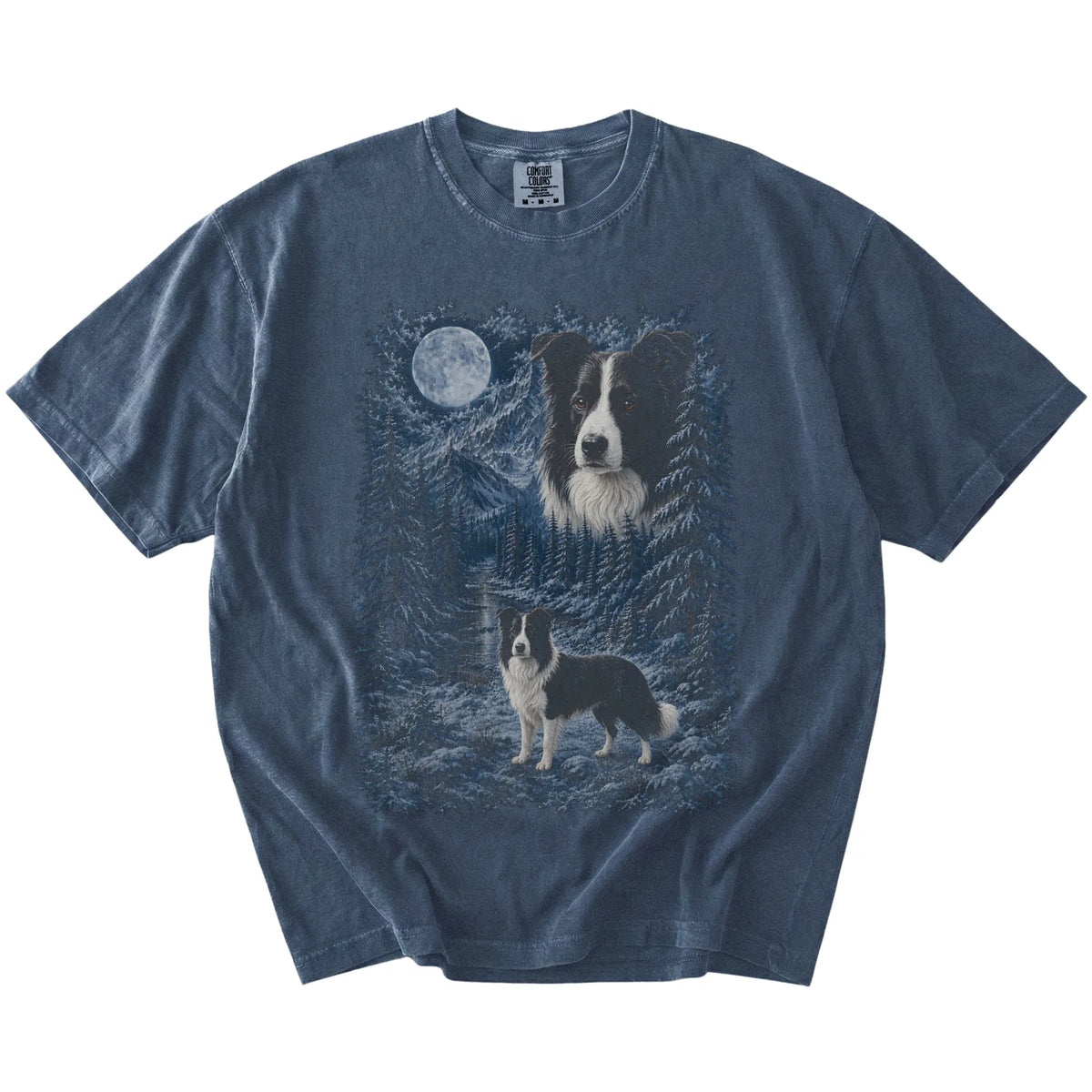 denim T-shirt with Border Collie Winter Moon artwork.
