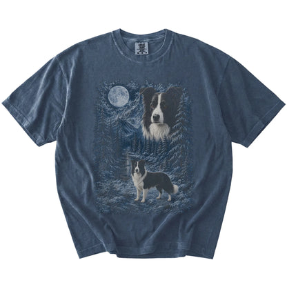 denim T-shirt with Border Collie Winter Moon artwork.