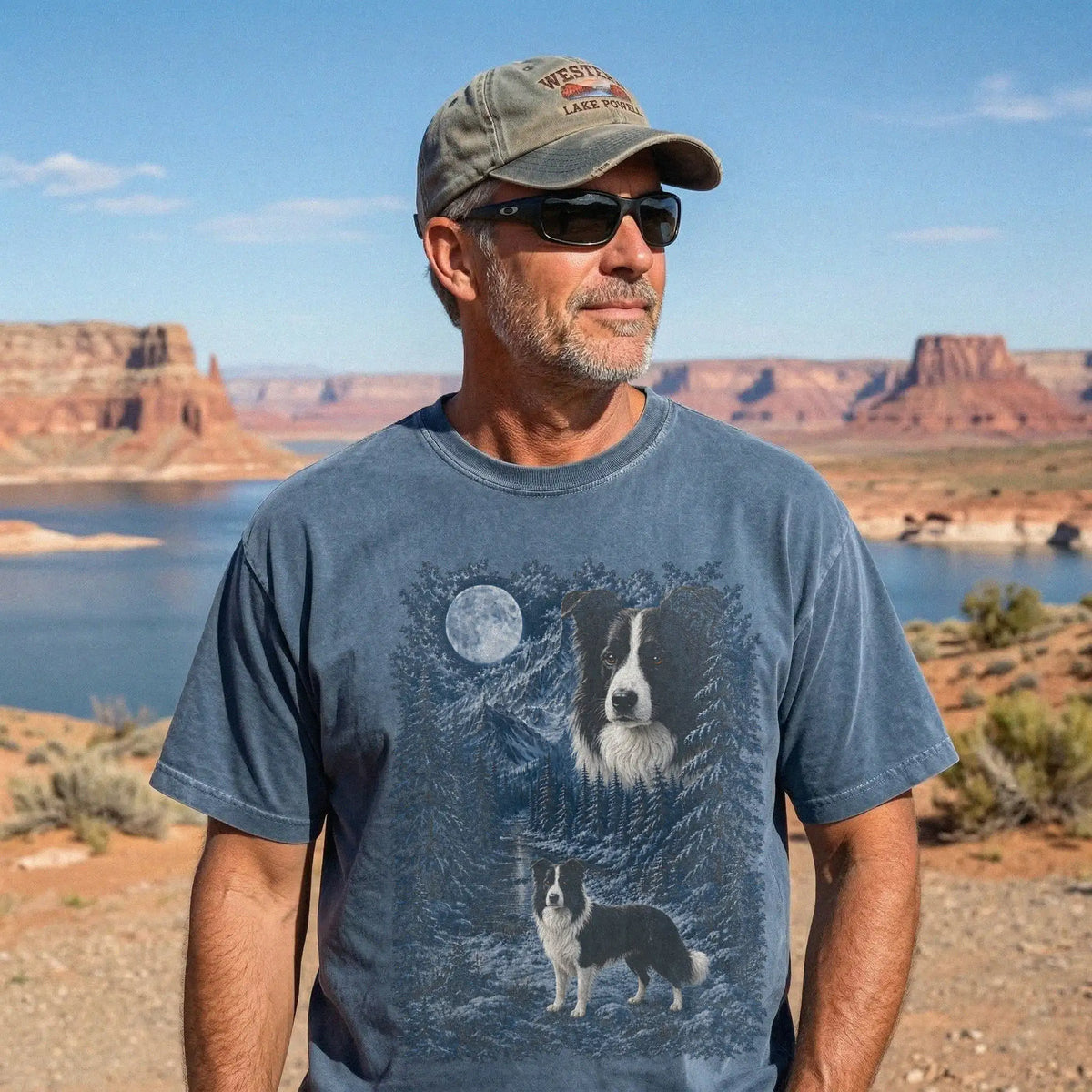 Model wearing a denim T-shirt with Border Collie Winter Moon artwork.