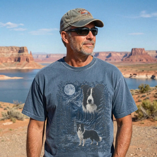 Model wearing a denim T-shirt with Border Collie Winter Moon artwork.