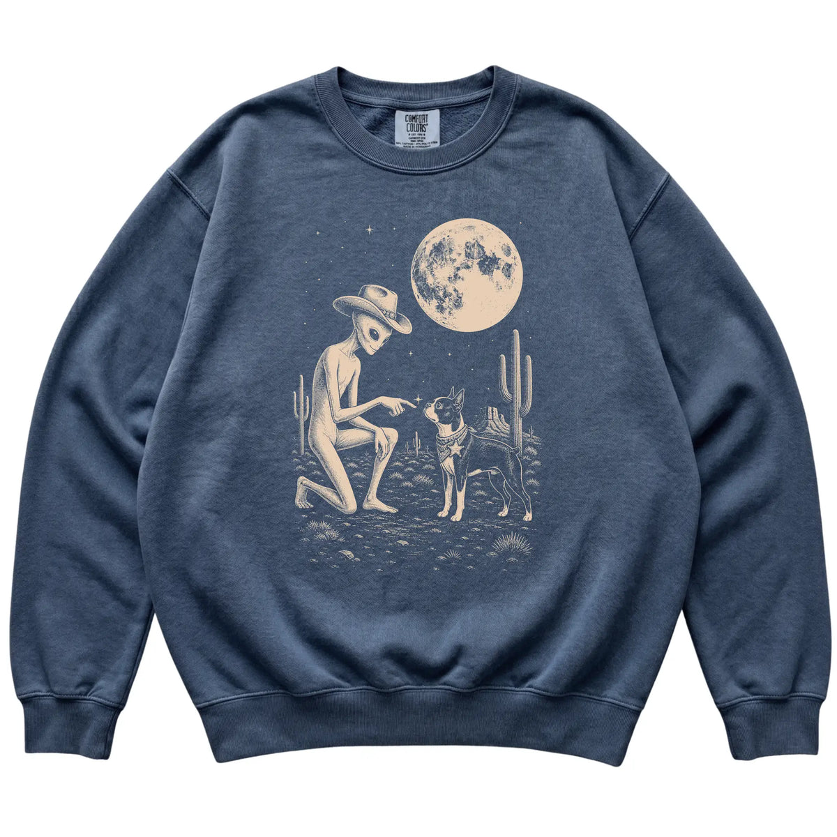 Denim Comfort Colors® sweatshirt featuring Boston Terrier Cowboy and Alien, laid-flat presentation