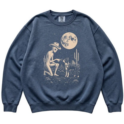Denim Comfort Colors® sweatshirt featuring Boston Terrier Cowboy and Alien, laid-flat presentation